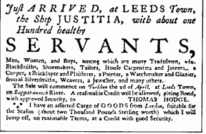 An advertisement for the sale of white slaves in Virginia.