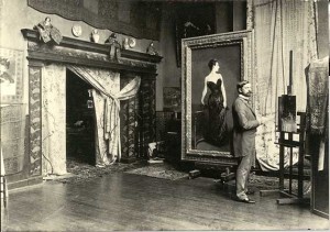 Sergeant in his studio wit the infamous painting that almost cost his career.